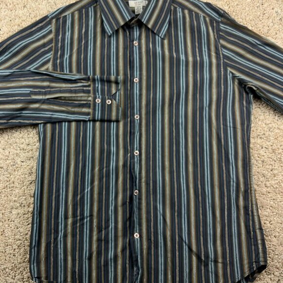 Guess Colorful Shiny Button Up Medium Mens Blue Gold Vertical Striped Bold - Picture 1 of 7